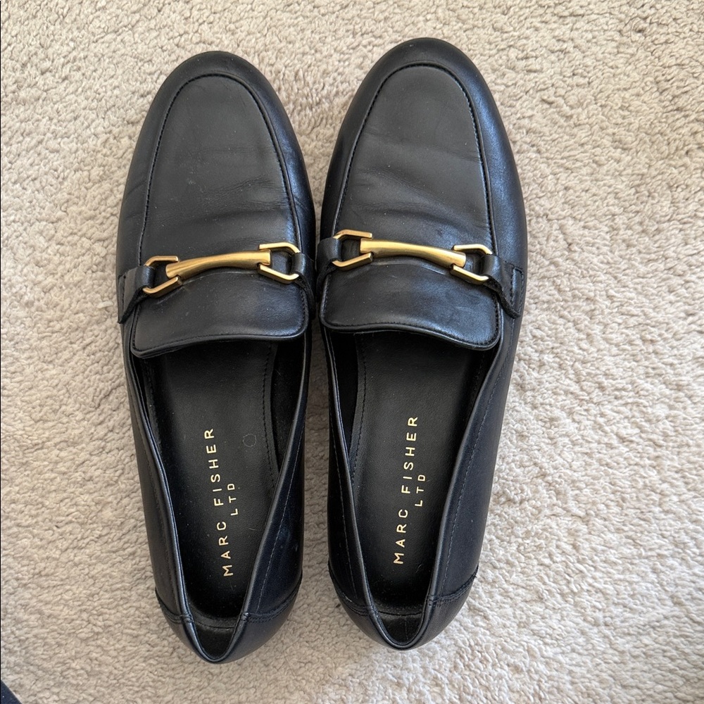 Marc Fisher Black Leather Loafers with Gold Buckle